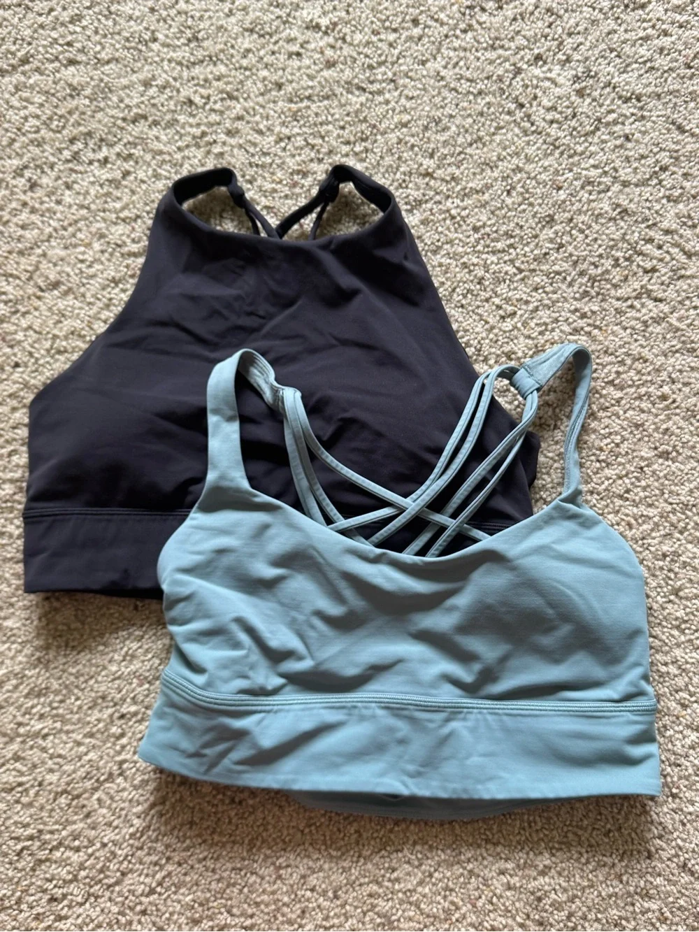 lululemon athletica Strappy High-Neck Sports Bra — Black & Light Blue